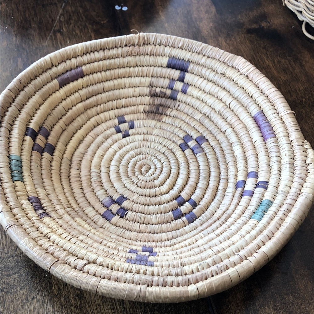 Handwoven Straw Coil Basket with Purple and Teal Accents